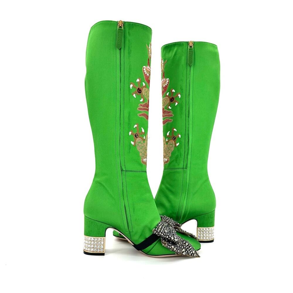 NEW Gucci Candy Dragon Embroidered Bow Crystal Embellished Knee High Boots 37.5 - Picture 3 of 10